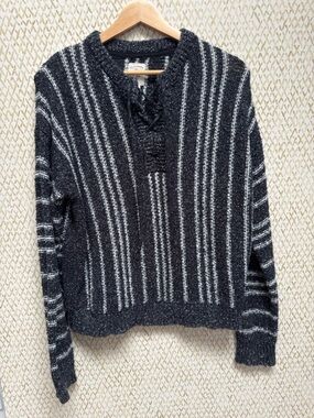 Billabong Striped Lace Up V-Neck Sweater Baja Surf Coastal Boho Knit Pullover- S